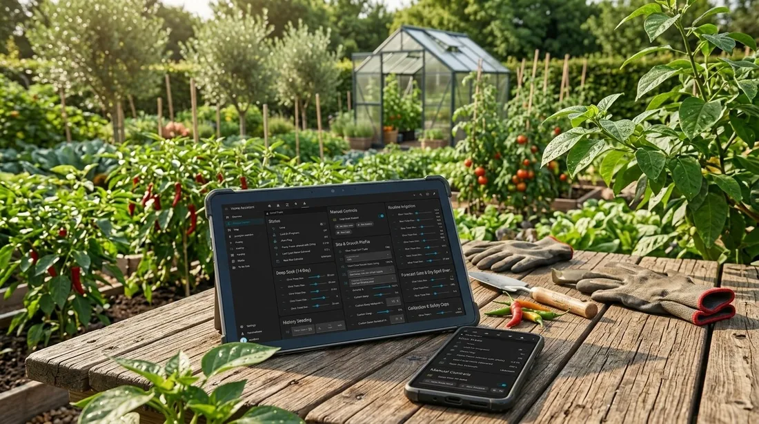 A tablet and phone showing the ZoneFlow dashboard on a table in a vegetable garden