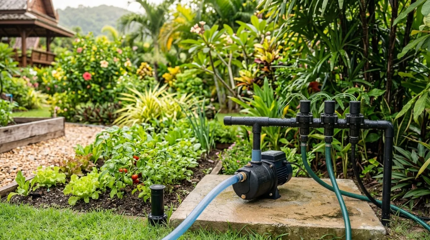 A garden water pump on a stone slab feeding a black manifold with three solenoid valves, each leading to a hose, in a green tropical garden