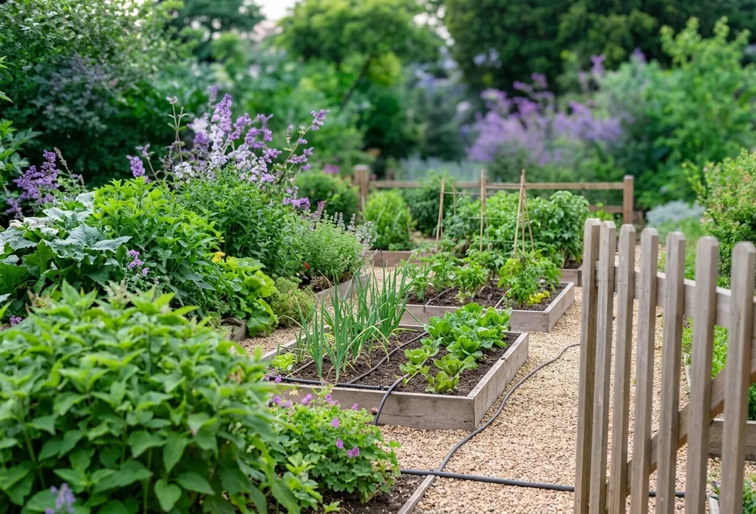 Raised vegetable garden beds with drip irrigation tubing