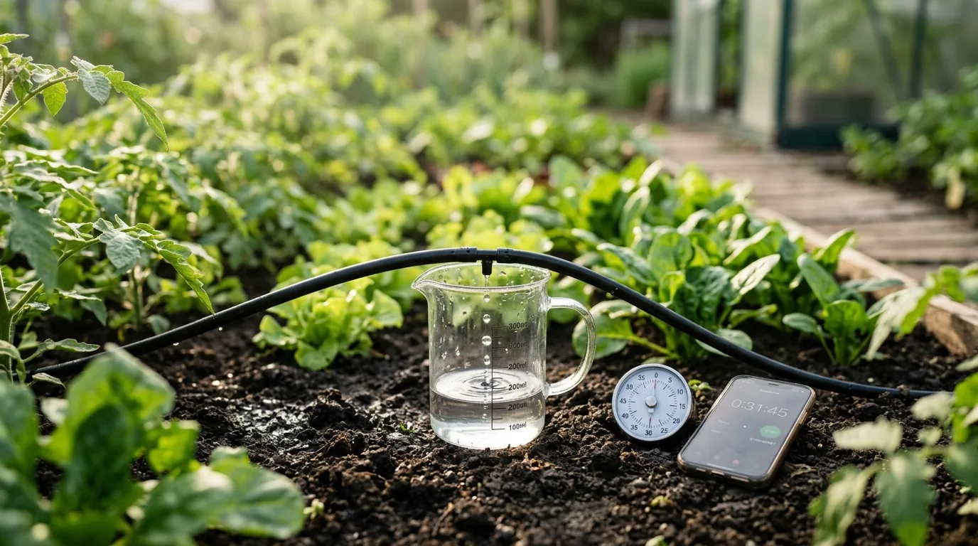 A glass measuring jug catching water from a black drip line in a vegetable bed, with a stopwatch and a phone timer beside it